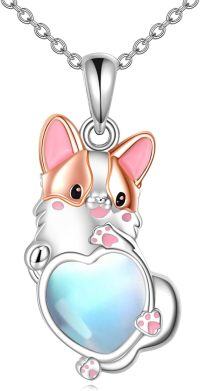 wholesale 925 Sterling Silver Heart Corgi Pendant Necklace with Blue Opal Stone and Pink Enamel Accents-Corgi