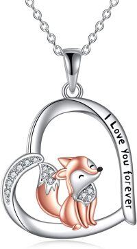 wholesale 925 Sterling Silver Fox Love Forever Heart Pendant Necklace for Girls Women Gifts Jewelry-Fox