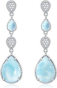 wholesale 925 Sterling Silver Teardrop Blue Stone and Cubic Zirconia Drop Dangle Earrings for Women-Blue Larimar-Dangle