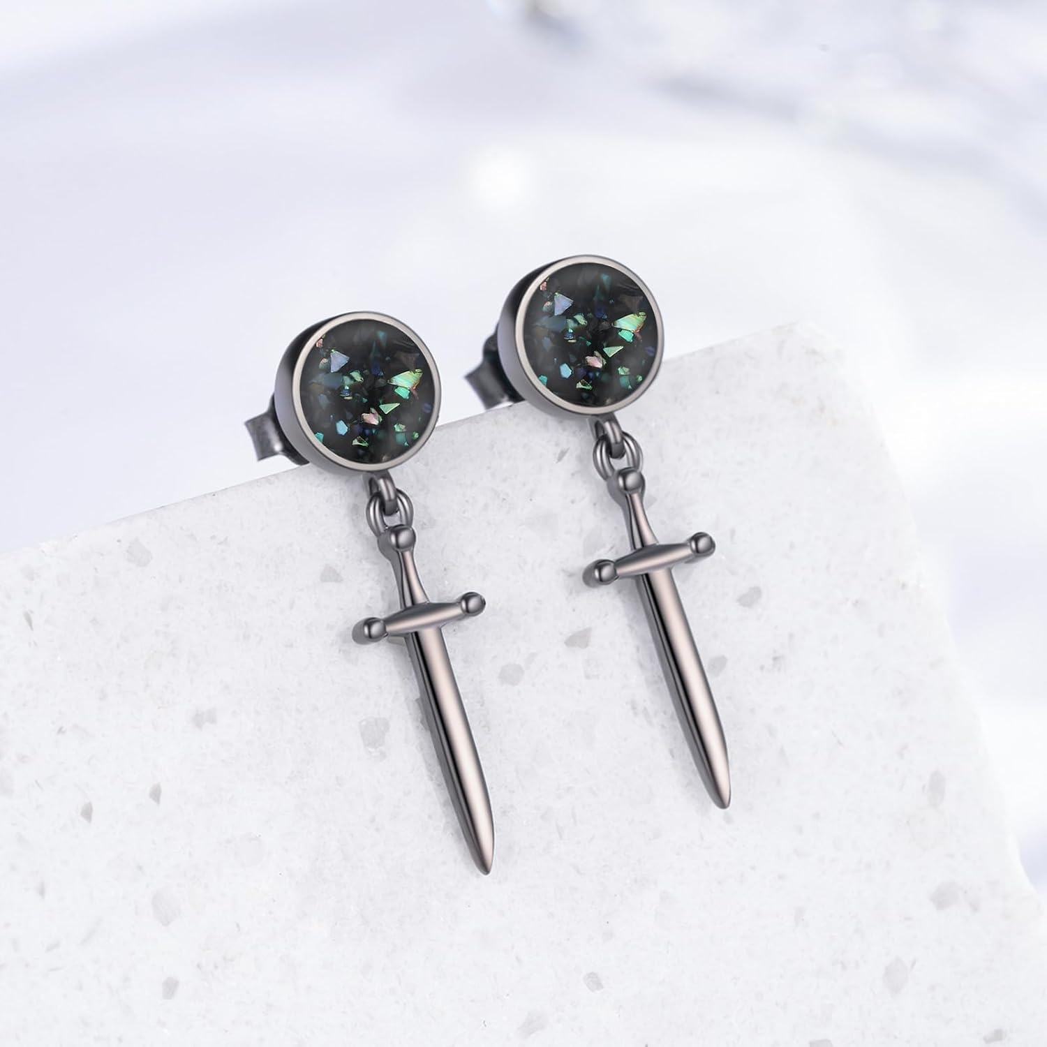 925 Sterling Silver Sword & Cross Dangle Drop Earrings with Black Abalone Shell and Turquoise Accents-0-1