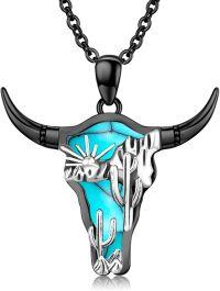wholesale 925 Sterling Silver Turquoise Cactus Design Cow Skull Pendant Necklace for Women Men Western Cowboy Style  24 Chain Length-Black Turquoise A