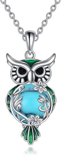 wholesale 925 Sterling Silver Turquoise and Green Enamel Owl Pendant Necklace for Women-Turquoise owl necklace