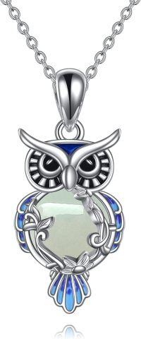 wholesale 925 Sterling Silver Blue and Green Stone Owl Filigree Pendant Necklace for Women-Jade owl necklace