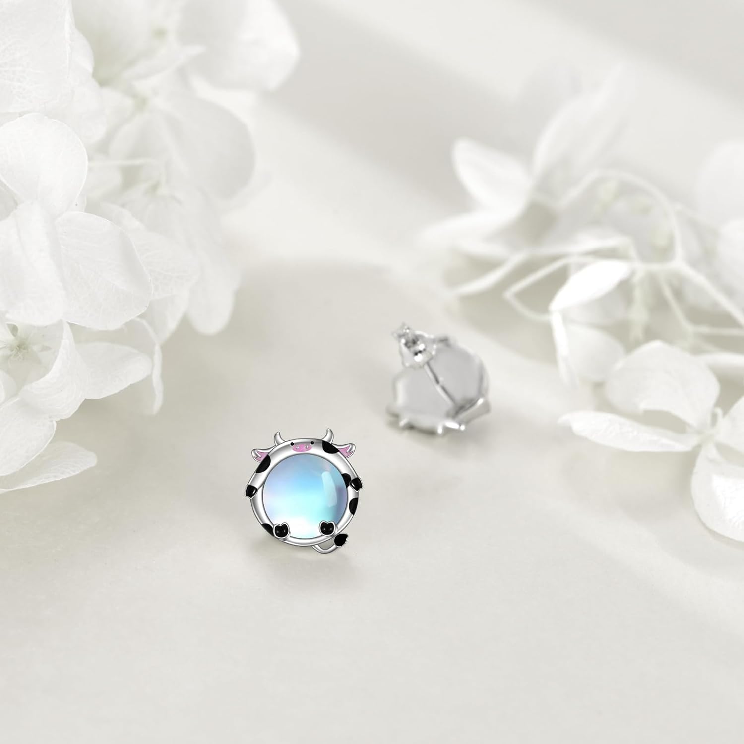 Sterling Silver Moonstone Cat Panda Fox Cow Owl Stud Earrings for Women-0-5