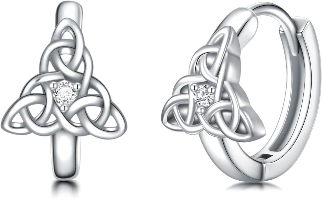 Sterling Silver Celtic Knot Huggie Hoop Earrings Triangle Knot Jewelry Gifts for Women-Celtic Trinity Earrings