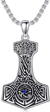 wholesale 925 Sterling Silver Thor's Hammer Mjolnir Pendant with Blue Stone Necklace for Men & Women -Style 3