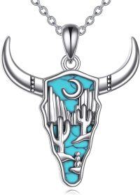 wholesale 925 Sterling Silver Turquoise Cactus Design Cow Head Pendant Necklace-Cow Skull
