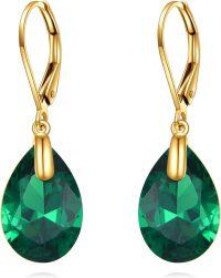 wholesale 14K Gold Birthstone Earrings, Elegant Detailed Design for Women, 31.6mm-Emerald