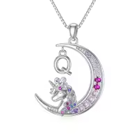 TOUPOP 14k White Gold Plated Pink Zircon Unicorn Letter Q Necklace-undefined