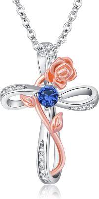 wholesale Two Tone Rose Gold 925 Sterling Silver Cross Pendant Necklace with 12 Cubic Zirconia Birthstones for Women-09-September Birthstone