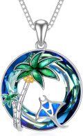 wholesale 925 Sterling Silver Blue Crystal Ocean Wave Palm Tree Charm Pendant Necklace for Women-0-0