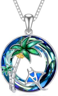 wholesale 925 Sterling Silver Blue Crystal Ocean Wave Palm Tree Charm Pendant Necklace for Women-Stingray
