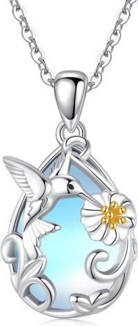 wholesale 925 Sterling Silver Blue Moonstone Hummingbird & Flower Pendant Necklace-Hummingbird
