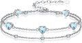 wholesale 925 Sterling Silver Aquamarine March Birthstone Bracelet with Heart CZ Charm, Dainty Double Strand Design for Women-0-0