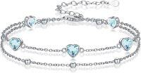 wholesale 925 Sterling Silver Aquamarine March Birthstone Bracelet with Heart CZ Charm, Dainty Double Strand Design for Women-Bracelet 7''-9''