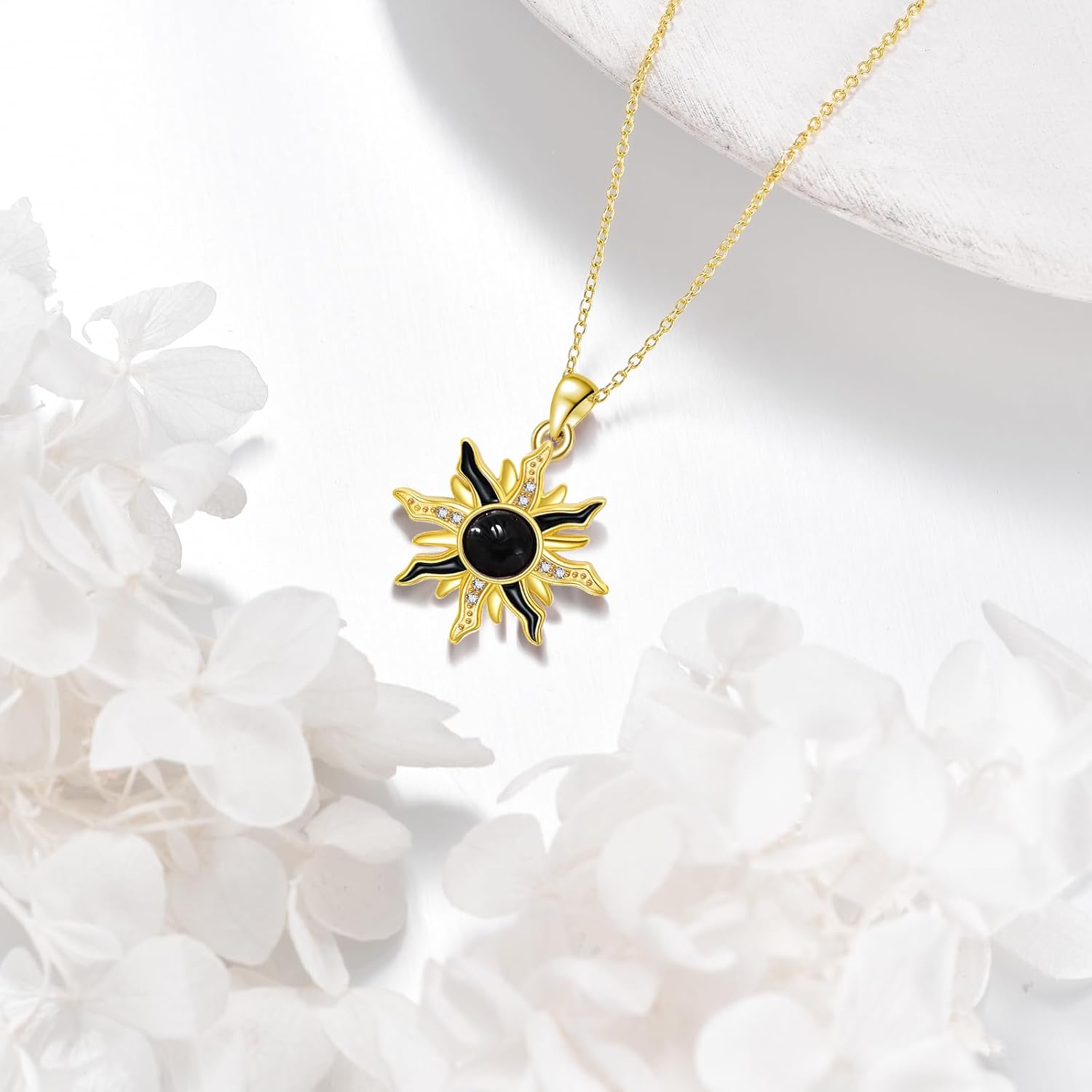 wholesale 925 Sterling Silver Black Onyx and Cubic Zirconia Sun Pendant Necklace for Women's Fashion s-0-3