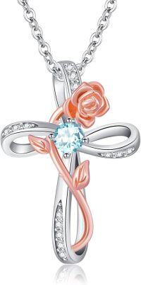 wholesale Two Tone Rose Gold 925 Sterling Silver Cross Pendant Necklace with 12 Cubic Zirconia Birthstones for Women-03-March Birthstone