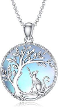 wholesale 925 Sterling Silver Moonstone Tree of Life Cat Pendant Necklace for Women Mom Wife Cat Lover-Tree of life a cat necklace