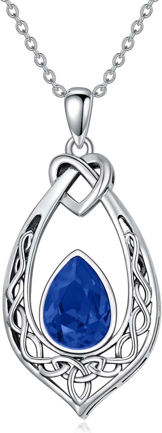 Sterling Silver Simulated Birthstone Celtic Knot Necklace Oxidized Vintage Love Knot Pendant Women s Jewelry Gift-Sapphire Blue