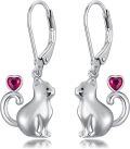 wholesale Sterling Silver Red Heart Cute Cat Dangle Earrings for Women-0-22