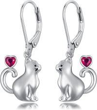 wholesale Sterling Silver Red Heart Cute Cat Dangle Earrings for Women-July