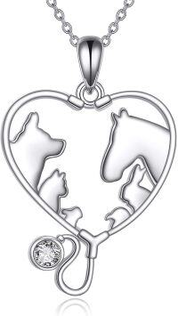 wholesale 925 Sterling Silver Heart-Shaped Pendant with Stethoscope and Animal Silhouettes for Vet Techs s for Women-Silver