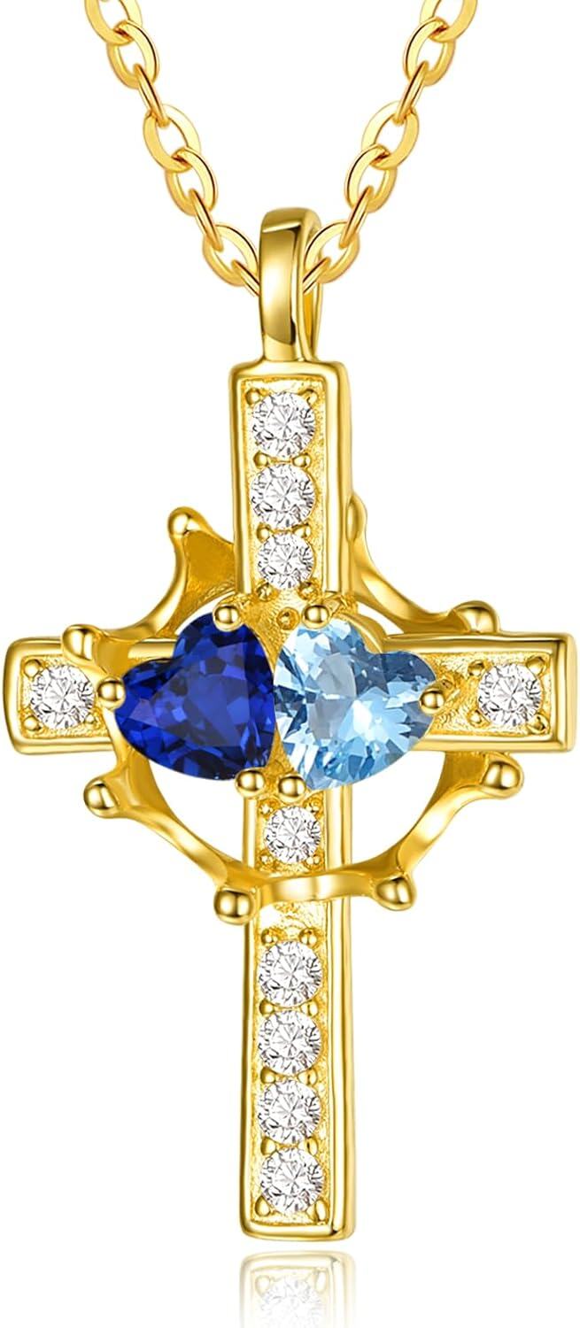 Sterling Silver Birthstones Gold Cross Necklace for Women -09-12-Sept-Dec-09-12-Sept-Dec