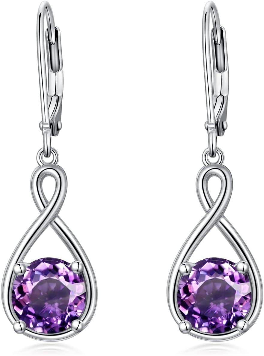 Sterling Silver Birthstone Dangle Drop Earrings Infinity Valentine s Day Jewelry Gifts for Women Girls-2-Feb-Amethyst