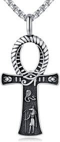 wholesale 925 Sterling Silver Ankh Cross Pendant with Eye of Horus and God Jackal Charm on 24+2 Rolo Chain - Ancient Egyptian Amulet Protection Jewelry for Women & Men-0-0