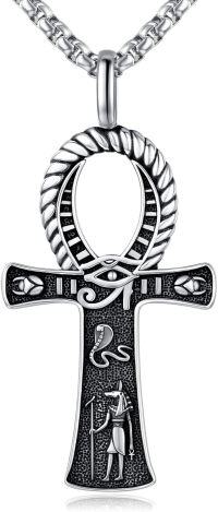 wholesale 925 Sterling Silver Ankh Cross Pendant with Eye of Horus and God Jackal Charm on 24+2 Rolo Chain - Ancient Egyptian Amulet Protection Jewelry for Women & Men-D01-Eye of Horus Ankh