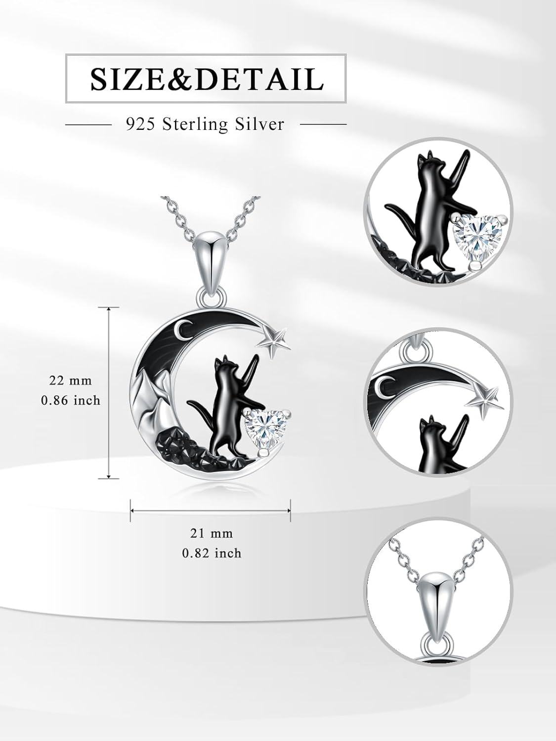 925 Sterling Silver Black Cat Necklace with Heart Birthstone Crescent Moon Star Pendant Gothic Jewelry Gift for Women Wife Cat Lover-0-1