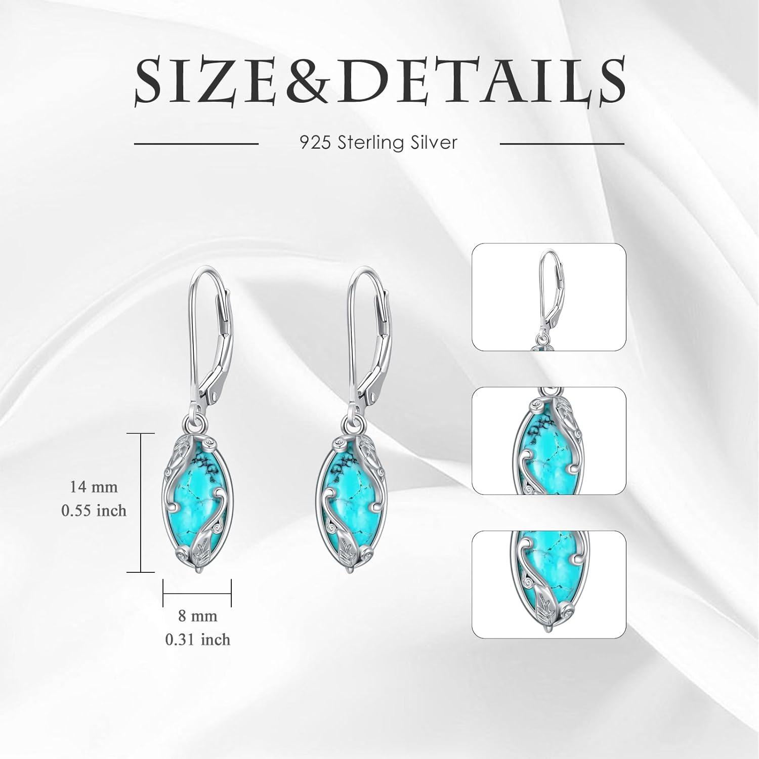 Sterling Silver Green Turquoise Marquise Leaf Leverback Dangle Earrings-0-1