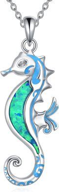 wholesale 925 Sterling Silver Blue Opal Sea Horse Pendant Necklace for Women Girls -0-0