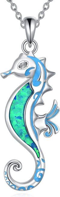 wholesale 925 Sterling Silver Blue Opal Sea Horse Pendant Necklace for Women Girls -Seahorse Necklace