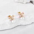 wholesale 14K Gold Pink Bowknot White Pearl Drop Dangle Stud Earrings for Women Girls-0-2