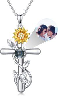 wholesale 925 Sterling Silver 925 Customizable Sunflower Photo Projection Cross Pendant Necklace for Women & Girls-A1-Sunflower-Customized Photo