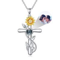wholesale 925 Sterling Silver Cross Photo Locket Necklace Wholesale With Sunflower-A1-Sunflower-Customized Photo
