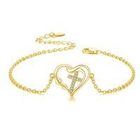wholesale Gold 925 Sterling Silver Heart Cross Charm Bracelet for Women-Cross Bracelet(Gold)