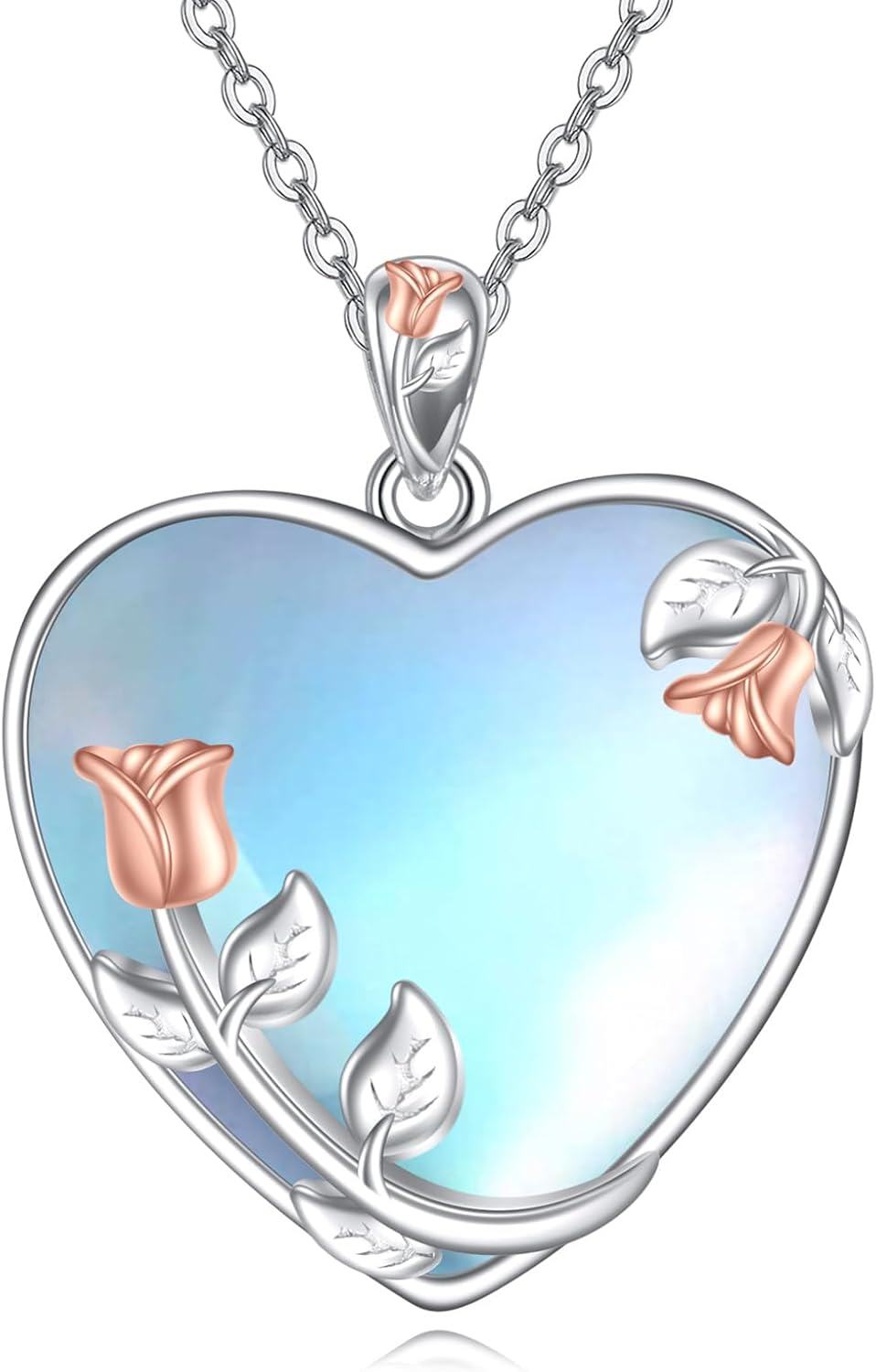 Sterling Silver Moonstone Filigree Teardrop Pendant Necklace for Women-UU-Rose Flower Moonstone