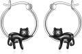 wholesale 925 Sterling Silver Cat Sleeping Charm Hoops - Tiny Black Enamel Kitty Earings Gift for Her-0-0
