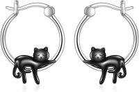 wholesale 925 Sterling Silver Cat Sleeping Charm Hoops - Tiny Black Enamel Kitty Earings Gift for Her-Black cat earrings