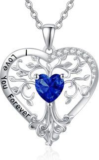 wholesale Sterling Silver Birthstone Tree of Life Heart Pendant Necklace for Women-09 Sep - Sapphire