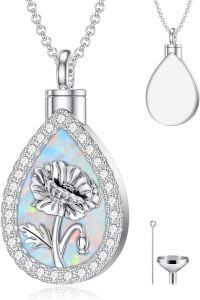wholesale Sterling Silver Opal Birth Flower Urn Necklace for Ashes 12 Month Memorial Jewelry-08-August-Poppy-08-August-Poppy+Text
