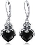 wholesale 925 Sterling Silver Black Heart Crystal Skull Gothic Drop Earrings-0-0