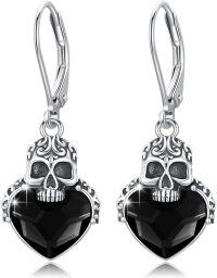 wholesale 925 Sterling Silver Black Heart Crystal Skull Gothic Drop Earrings-Skull Earrings - Black Crystal