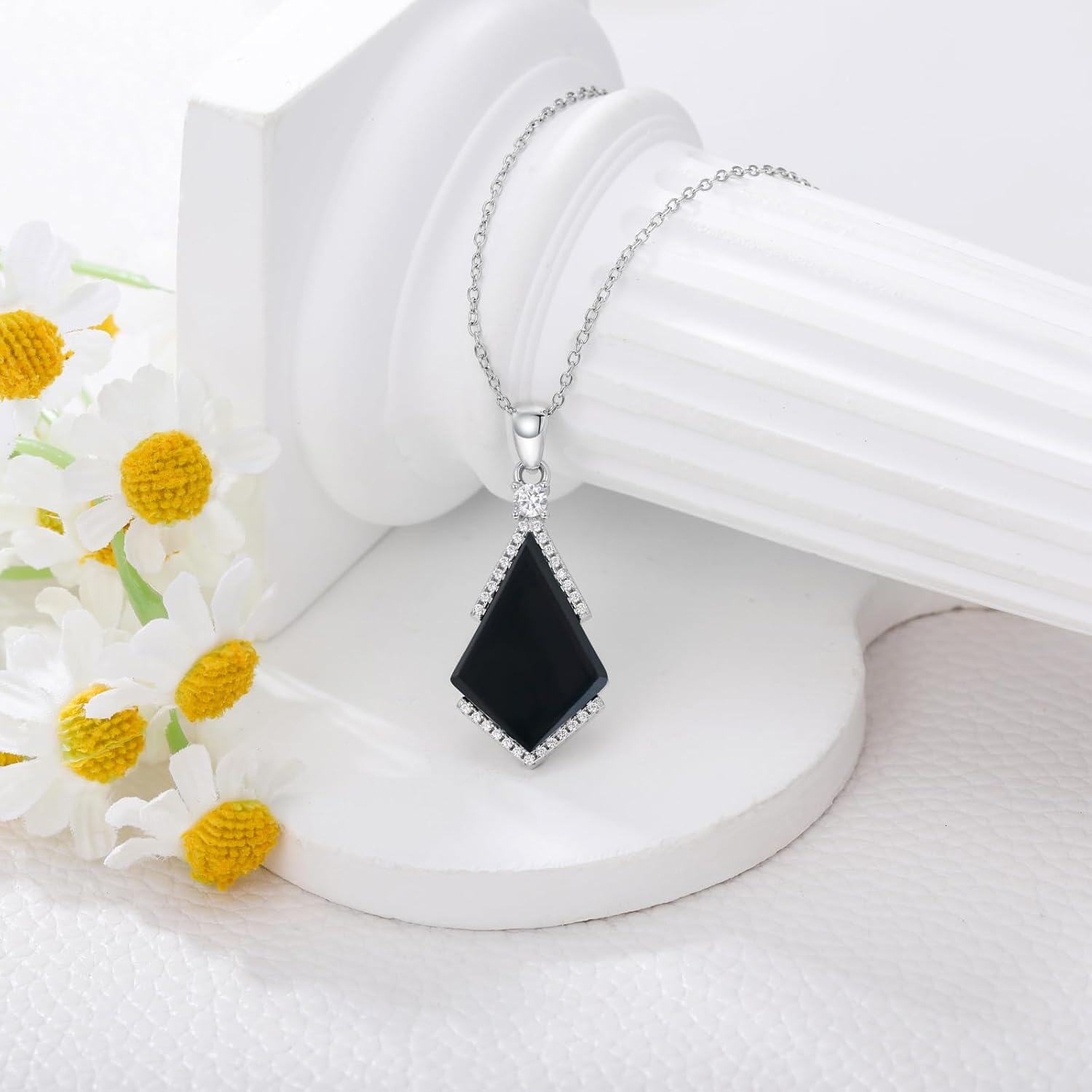 925 Sterling Silver Diamond Accent Triangle Shape Black Onyx Pendant Necklace 45cm Chain Length-0-5