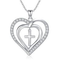 wholesale 925 Sterling Silver Heart with Cross Pendant Necklace for Women and Men - Religious-C-Heart Cross