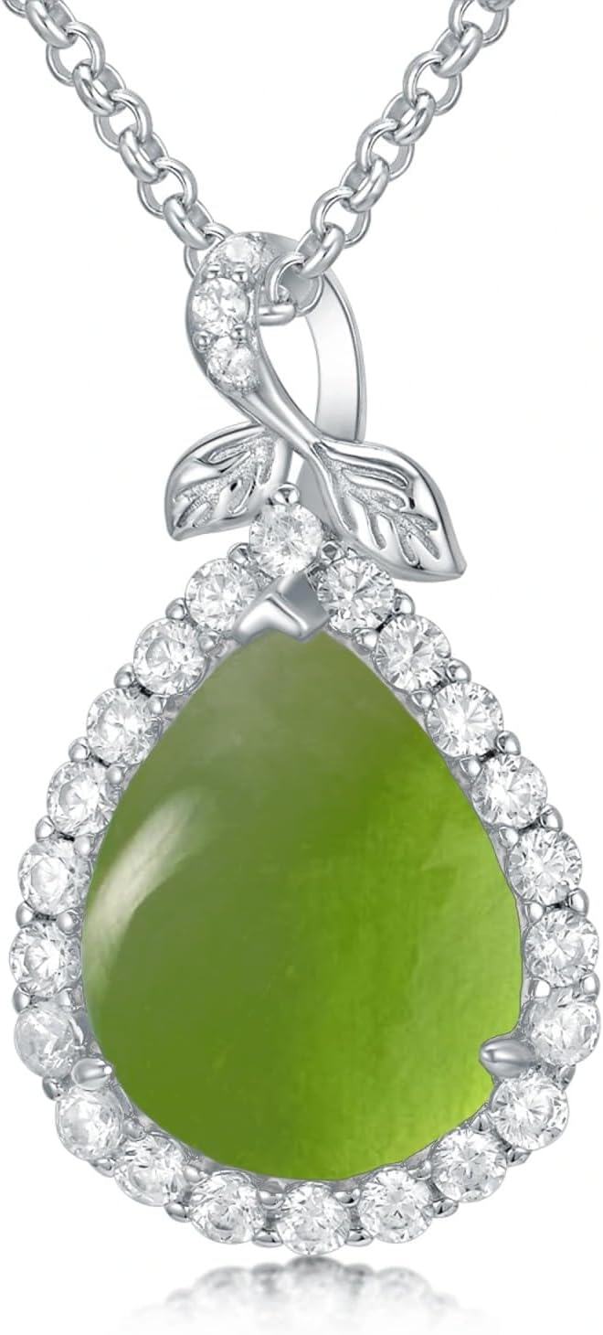 Sterling Silver Moonstone Peridot Moss Agate Dainty Teardrop Pendant Necklace-02-Peridot