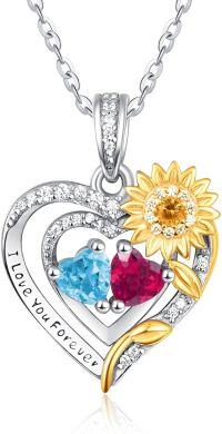 wholesale Sterling Silver 2 Birthstones Sunflower Heart Necklace for Women-03-07-Mar-Jul
