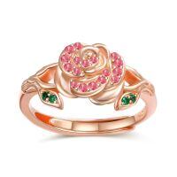 wholesale 925 Sterling Silver Rose Flower Adjustable Ring with Birthstone for Women-10 Oct - Tourmaline